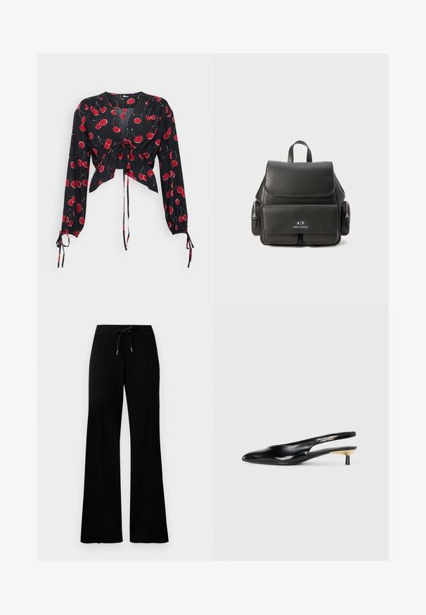 Svart bluse med lange ermer, knyttet foran. Har røde kirsebærtrykk og elastiske cuffs. Lett, flytende stoff med v-hals.; Svart vid bukse med snøring i midjen, sidelommer, myk stoff og et elegant design.; Sorte slingback pumps med spiss tå, glanset skinnfinish og en liten hæl med gullakcent. Elegant design med åpen bak.; Svart skinnryggsekk med klafflukkning, frontlomme, sidelommer med glidelås og et håndtak på toppen. Har logo-detaljer på forsiden.