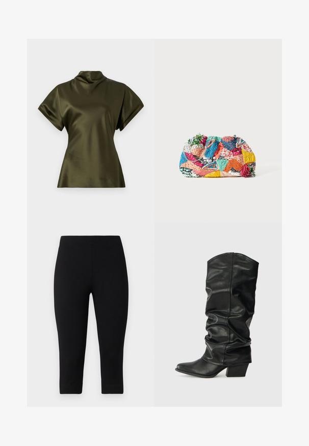 Oliven grønn sateng topp med høy krage, korte ermer og en strukturert silhuett. Slett tekstur, ingen synlige mønstre eller aksenter.; Svarte capri leggings laget av stretchy materiale, med en tettsittende passform og glatt tekstur, uten fremtredende mønstre eller detaljer.; Sorte skinnhøye støvler med slouch-design, spiss tå og chunky hæl, med glatt tekstur og minimalt med sømmer.; Fargerik vevet clutch-veske med ulike mønstre i rosa, blått, grønt og gult, med teksturerte dekorasjoner og dekorative aksenter.