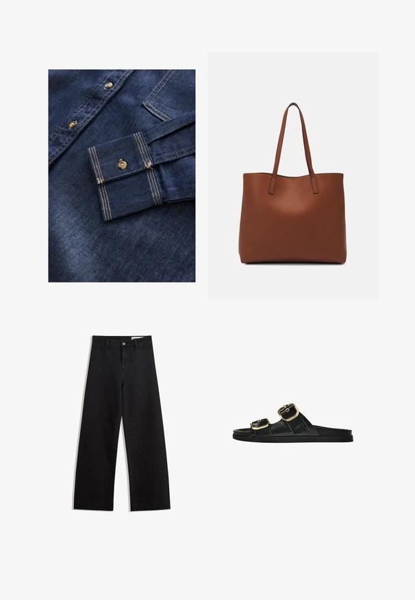 Dunkelblaues Denimhemd mit hellbraunen Nähten, ausgestattet mit einem Button-Down-Kragen und einer einzelnen Tasche am linken Ärmel.; Schwarze weit geschnittene Jeans mit hoher Taille, ausgestattet mit Vorder- und Hintertaschen, gesteppten Nähten und einem Knopfverschluss. Glatte Textur.; Schwarze Riemensandale mit zwei goldenen Schnallendetails, glattem Material, flachem Sohlen und minimalistischer Gestaltung.; Braune Leder-Tote mit glatter Textur, offenem Oberteil und zwei Schulterriemen. Verfügt über minimale Nähte und keine sichtbaren Beschläge.