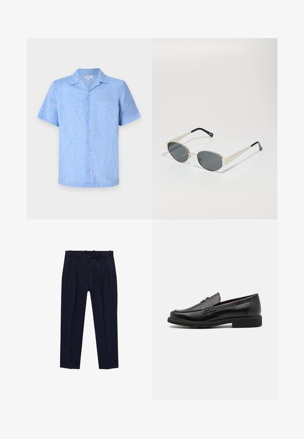 Kurzarm-Hemd aus hellblauer Leinen, mit Kragen, Vorderknopfverschluss und lässiger Passform. Glatte Textur mit minimalen Details.; Schwarzes kurzärmliges Polohemd aus glattem Stoff mit einem klassischen Kragen und einer Knopfleiste mit drei Knöpfen; hat einen geraden Saum am unteren Ende.; Marineblaue Hose aus glatt gewebtem Stoff, mit einem leicht taillierten Schnitt, Vorderfalten, Gürtelschlaufen und einem Einzelknopfverschluss.; Schwarze synthetische Slipper mit einer markanten gesteppten Vorderseite, gepolstertem Fußbett und flacher Gummisohle; schlankes Design mit minimaler Detailverarbeitung.; Sonnenbrille mit ovalen grauen Gläsern, silbernem Metallrahmen und schwarzen Akzenten an den Bügeln. Sie verfügt über ein elegantes Design und minimalen Metallaufwand.