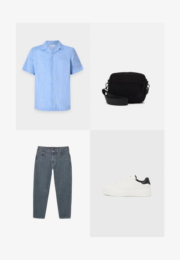 Cămașă cu mâneci scurte, din in bleu deschis, cu guler, închidere cu butoane în față și o croială lejeră. Textură netedă, cu detalii minime.; Jeans din denim albastru închis cu o croială lejeră, design cu cinci buzunare, închidere cu buton și tiv ușor desfăcut. Material durabil cu o textură subtilă.; Adidași din piele albă cu un model embosat, talpă intermediară texturată de culoare albă și accent negru pe călcâi. Prezintă vârf rotunjit și șireturi plate.; Geantă crossbody din fustă neagră, cu un singur compartiment cu fermoar, curea ajustabilă și o suprafață texturată. Include un logo subtil.