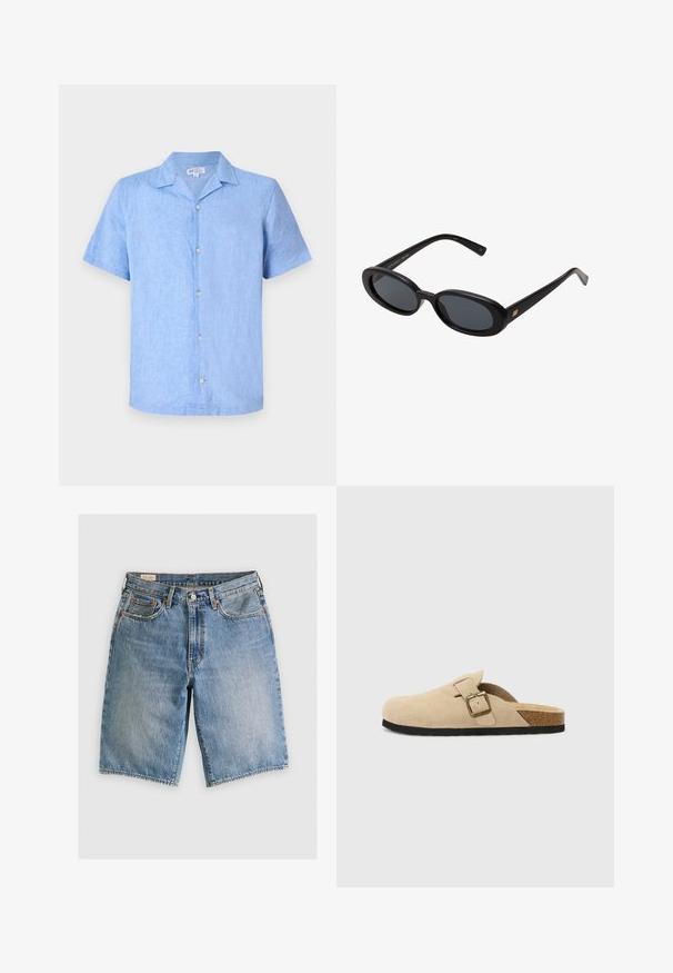 Kortærmet skjorte med knapper i lys blå hør, der har krave, frontknaplukning og en afslappet pasform. Glat tekstur med minimal detaljer.; Lyseblå denimshorts med klassisk snit. Har fem lommer, orange stikninger og rå skærmkanter.; Beige ruskinds-sandaler med korkfodseng, rund tå og en enkel rem med en guldfarvet spænde. Gummisål for godt greb.; Store store
