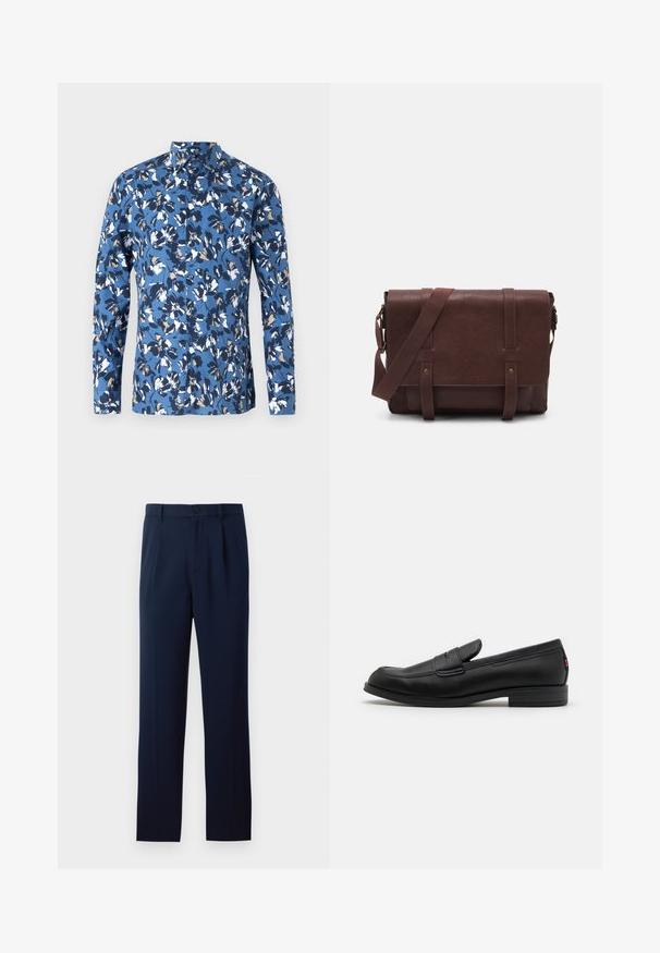 Modrá dlhá košeľa s gombíkmi s kvetinovým vzorom v bielej, námorníckej a hnedej farbe. Vyrobená z hladkej bavlnenej látky s golierom.; Námorníckomodré nohavice z hladkej látky, s jedným gombíkom na zapínanie, z plisovaním a rovnými nohavicami. Minimalistický dizajn bez viditeľných vzorov.; Čierne kožené loafers s hladkým povrchom, zaoblenou špičkou a malým dekoratívnym klapom. Vlastnosti zahŕňajú nízky vrstvený podpätok a decentný branding.; Hnedá kožená messenger taška s plochým predným klopom, dvoma popruhmi, zlatými kovovými detailmi a nastaviteľným ramenným popruhom.