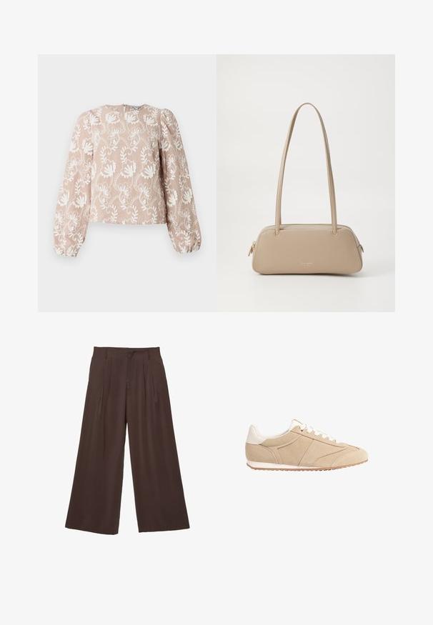 Blouse beige à manches longues avec broderie florale blanche, encolure arrondie, manches bouffantes et poignets élastiques.; Pantalons larges en tissu marron foncé, dotés de deux plis à l'avant, d'une texture lisse et d'un design simple avec des passants de ceinture.; Stradivarius Baskets basses - beige; Sac à main en cuir beige avec une texture lisse, de forme rectangulaire, deux poignées et des accessoires en ton doré. Présente une fermeture éclair sur un côté.
