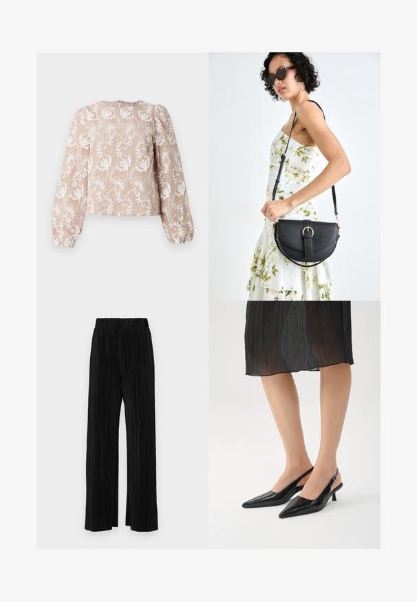 Beige pitkähihaisen paidan valkoisella kukka-aiheisella kirjonnalla, pyöreä pääntie, röyhelöhihat ja joustavat hihansuut.; Mustat pleatatut housut, joissa on joustava vyötärö. Ominaisuuksiin kuuluvat leveät lahkeet ja sileä, teksturoitu kangas, jossa on pystysuoria raitoja.; Mustat kärjentörröslip-on-kengät, joissa on kiiltävä pinta, hoikka korko ja avonainen takamuotoilu. Pintamateriaalissa on teksturoitu kuvio.; Musta nahkainen käsilaukku, joka on kaareva muotoilultaan, irrotettavalla hihnalla ja kultaisilla yksityiskohdilla. Laukussa on läppä, jossa on solk yksityiskohta.