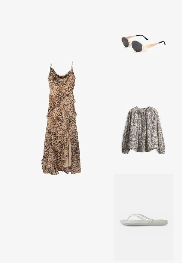 Langärmlige Bluse in hellem Beige mit abstraktem schwarzen Muster. Sie verfügt über einen gerafften Ausschnitt und einen lockeren Schnitt und besteht aus leichtem Stoff.; Leopardenmuster-Kleid mit drapiertem Design, mit Rüschen entlang der Ränder und einem hoch geschnittenen Schlitz. Hergestellt aus leichtem Stoff mit Spaghettiträgern.; Weiße Flip-Flops mit einer strukturierten Sohle, dünnen Riemen und einem flachen Design. Hergestellt aus Gummi mit einem dezenten Logo auf der Fußsohle.; Goldfarbene ovale Sonnenbrillen mit dunklen Gläsern, die ein elegantes Design, dünne Bügel und einen schwarzen Akzent am Schläfenbereich aufweisen. Modellnummer L37.; Gold- und Silbermetall-Uhr mit rechteckigem Gehäuse, weißem strukturiertem Zifferblatt, zwei goldenen Zeigern und einer Mischung aus polierten und gebürsteten Gliedern im Armband.