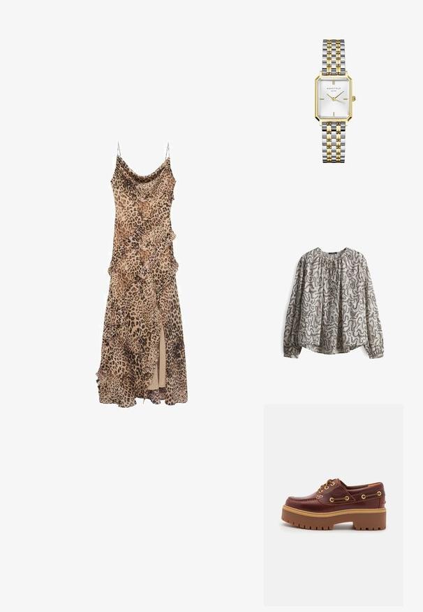 Langärmlige Bluse in hellem Beige mit abstraktem schwarzen Muster. Sie verfügt über einen gerafften Ausschnitt und einen lockeren Schnitt und besteht aus leichtem Stoff.; Leopardenmuster-Kleid mit drapiertem Design, mit Rüschen entlang der Ränder und einem hoch geschnittenen Schlitz. Hergestellt aus leichtem Stoff mit Spaghettiträgern.; Braune Lederbootsschuhe mit einer massiven braunen Gummisohle, goldenen Ösen und kontrastierenden Nähten. Mit einem Logo an der Seite.; Gold- und Silbermetall-Uhr mit rechteckigem Gehäuse, weißem strukturiertem Zifferblatt, zwei goldenen Zeigern und einer Mischung aus polierten und gebürsteten Gliedern im Armband.