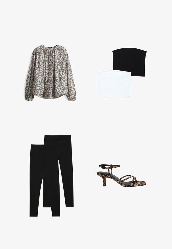 Blusa a maniche lunghe in beige chiaro con motivo astratto nero. Presenta un collo arricciato e una vestibilità ampia, realizzata in tessuto leggero.; Due sciarpe a tubo senza soluzione di continuità: una nera e una bianca. Entrambe sono realizzate in tessuto morbido e elastico e presentano una texture liscia senza motivi.; Leggings neri realizzati in tessuto elastico, con una vita senza cuciture e un design slim fit, adatti per l'abbigliamento casual o per l'esercizio.; Sandali con tacco in stampa leopardata, con punta quadrata, multiple cinghie e un tacco di altezza media. Realizzati in morbido materiale tessile.