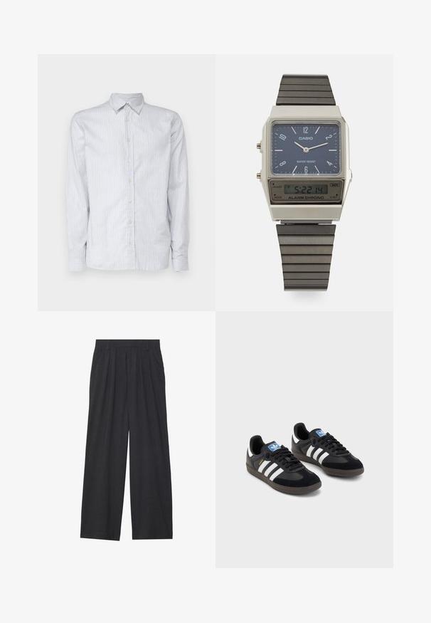 Hele sinine triibuline pikkade varrukatega särk puuvillases kangas. Omab klassikalist krae, nööbid ette ja kitsaid mansette sobivate triipudega.; Laiene püksid, mis on valmistatud tumedast hallist kangast. Omavad vööümbrikus voldikuid, on kohandatud disainiga ja sirge siluett.; Mustad tossud, mille pealseks on seemisnahk ja sünteetilised materjalid, kolme valge triibuga, tekstureeritud kummitald ja sinine logo silt keele peal.; Casio digitaalne kell sinise kelladialiga, hõbedase korpuse ja kihilise musta kummirihmaga. Kuvab aega ja häiresätteid. Veekindel.