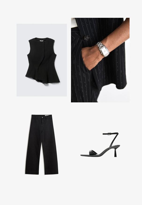 Top senza maniche nero con orlo asimmetrico, caratterizzato da un tessuto leggermente testurizzato e dettagli a taglio netto. Etichetta del marchio: Weekday.; Pantaloni in denim neri a gamba larga con vita alta, dotati di tasche anteriori e posteriori, cuciture a punto, e chiusura con bottone. Texture liscia.; Bershka Sandali con tacco - black; Orologio rettangolare argento con un quadrante elegante e accenti simili a diamanti su un bracciale in metallo a maglie, indossato con un completo a righe nere.