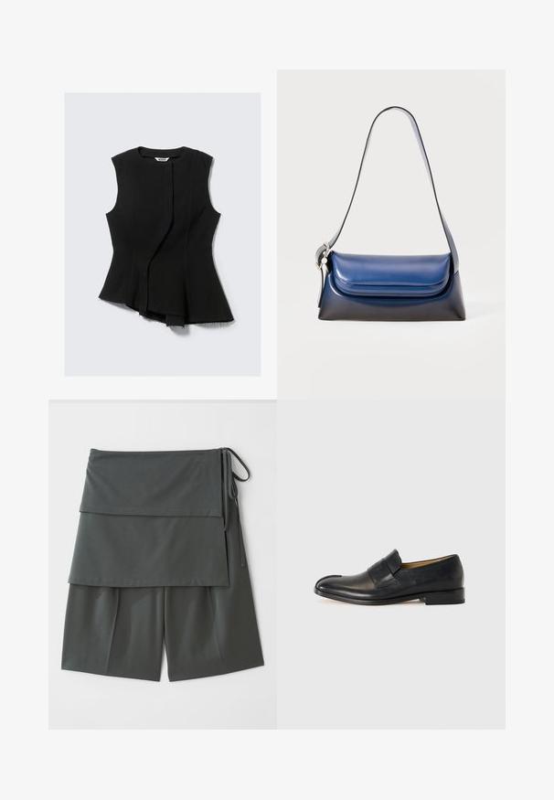 Čierny bezrukávový top s asymetrickým lemom, so subtlou textúrovanou látkou a surovými okrajovými detailmi. Značka: Weekday.; Tmavošedé unisex šortky s vrstveným dizajnom, s horným panelom a viazaniami po stranách. Vyrobené z hladkej, ľahkej tkaniny.; Čierne kožené mokasíny s hladkou textúrou, okrúhlou špičkou a výrazným pásikom na prednej strane; majú minimalistický dizajn.; Námorná kožená kabelka s hladkým povrchom, zaobleného tvaru, s preloženým vrchom a jedným ramenným pásom. Obsahuje strieborné kovanie.