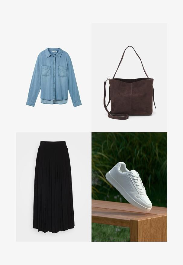 Light blue denim shirt with long sleeves, button closure, and two front patch pockets. Features a classic collar and a slightly curved hem.; Black pleated skirt with a high, stretchy waistband. Made from soft fabric, featuring vertical pleats for a flowing silhouette.; White sneaker with a smooth synthetic upper, perforated toe box, flat laces, and a textured sole, displayed on a wooden surface.; Brown suede tote bag with a soft texture, featuring a single shoulder strap and a subtle curved top opening. No visible hardware details.