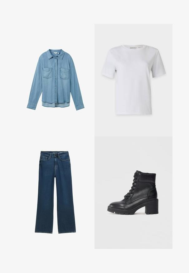 Világoskék farmering hosszú ujjakkal, gombos záródással és két elülső rakott zsebbel. Klasszikus gallérral és enyhén ívelt heméllyel rendelkezik.; Fehér, rövid ujjú póló sima pamutból. Kerek nyakkivágással és egyenes aljú kialakítással rendelkezik, minták vagy díszítések nélkül.; Sötétkék, bővített farmernadrág, öt zsebes kialakítással, gombos záródással és diszkrét varrási részletekkel a varrásoknál.; Fekete bőr bokacsizma magas sarkú tömbtalppal, fűzős elülső résszel, texturált talppal és márkázott részlettel a bokán.
