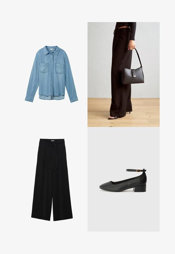 Jasnoniebieska koszula dżinsowa z długimi rękawami, z zapięciem na guziki i dwoma naszywanymi kieszeniami z przodu. Posiada klasyczny kołnierzyk i lekko zaokrąglony dół.; Czarne spodnie szerokie z teksturowanej tkaniny, z elastycznym paskiem w talii i odpinanym paskiem w talii dla regulowanego dopasowania.; Czarne skórzane szpilki z ostrym noskiem i niskim słupkowym obcasem. Wyposażone w pasek na kostkę z złotym zapięciem. Gładka tekstura.; Czarna torebka o usztywnionym kształcie, gładkiej fakturze i metalowym zapięciem. Połączona z szerokimi czarnymi spodniami i sandałami na otwartym palcu na drewnianej podłodze.