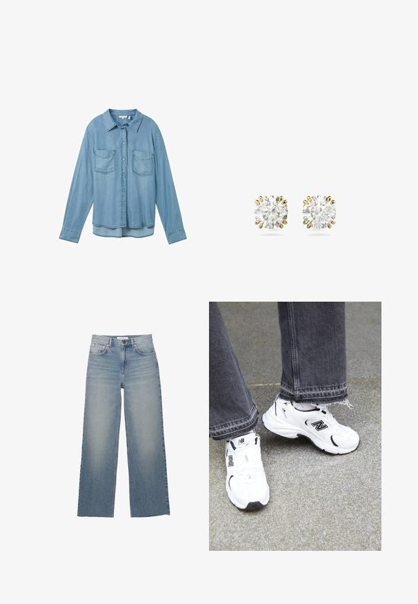 Light blue denim shirt with long sleeves, button closure, and two front patch pockets. Features a classic collar and a slightly curved hem.; Light blue wide-leg jeans made of denim, featuring a high waist, front pockets, and a button closure. Smooth texture with faded areas.; White New Balance sneakers feature a mesh and synthetic upper with black accents. Worn with frayed hem gray jeans on a textured surface.; Diamond stud earrings with round-cut stones, set in six prong yellow gold settings, featuring a transparent, sparkling surface.