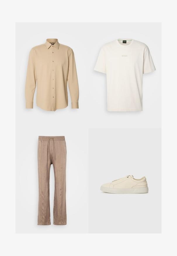 Camicia beige a maniche lunghe realizzata in tessuto strutturato con un motivo a quadrati, dotata di chiusura con bottoni e polsini, con una vestibilità sartoriale.; BOSS TEE - T-shirt basic - open white; Pantaloni a gamba larga color marrone chiaro realizzati in tessuto morbido, con una vita elastica dotata di lacci e due pieghe frontali.; Sneaker in pelle beige con punta arrotondata, design minimalista, dettagli di cucitura sottili e una parte superiore testurizzata, su una suola chiara.
