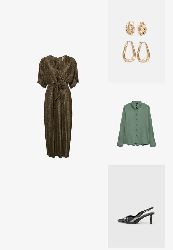 Long-sleeve shirt in sage green, made of smooth fabric. Features a pointed collar, button front, and a slightly curved hem.; Brown, pleated maxi dress with a V-neck, wide sleeves, and a tied belt at the waist. Smooth texture with a subtle sheen.; Black patent leather slingback shoe with pointed toe, ankle straps featuring silver buckles and hardware, and a slender heel.; Gold metallic handbag with a structured design, smooth texture, and adjustable strap. Features a unique triangular shape and minimalist stitching.; Gold-tone earrings featuring textured, wavy shapes. Includes sculptural clip-on studs and open hoop design with a hammered finish.