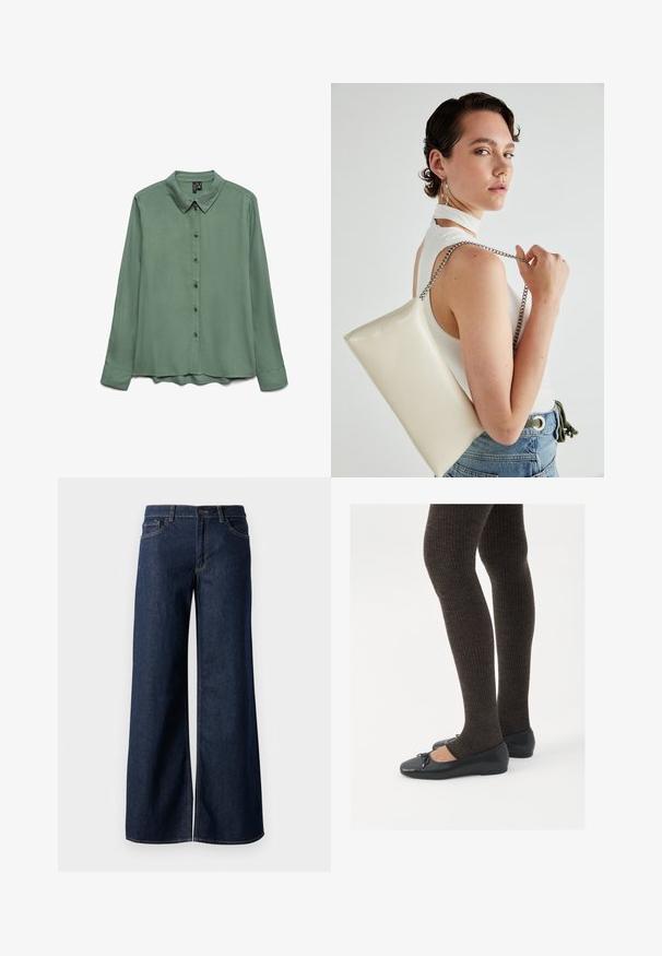 Koszula z długim rękawem w kolorze szałwii, wykonana z gładkiego materiału. Posiada wyłogi w kształcie kołnierzyka, zapięcie na guziki oraz lekko zaokrąglony dół.; Jeansy z szerokimi nogawkami w ciemnoniebieskim denienie. Posiadają kontrastowe przeszycia, pięć kieszeni oraz zapięcie na guzik w talii. Gładka faktura.; Czarne płaskie buty z małym kokardkowym detalem na palcach, zestawione z ciemnobrązowymi rajstopami w prążki. Buty mają gładką teksturę i niski profil.; Biała prostokątna kopertówka wykonana z błyszczącego materiału, z srebrnym łańcuszkiem. Modelka pozuje, prezentując torebkę na jednolitym tle.
