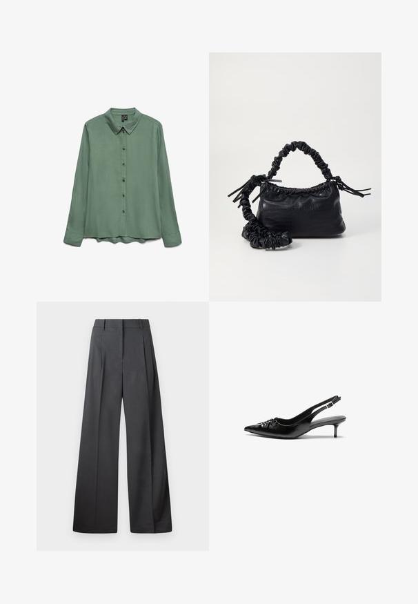Košeľa s dlhým rukávom v šalviovo zelenej farbe, vyrobená z hladkej tkaniny. Má špicatý golier, zapínanie na gombíky a mierne zakrivený lem.; Nohavice s širokými nohavicami z tmavošedej látky, s vysokým pásom, jedinými záhybmi a hladkou textúrou s čistým zakončením na lemoch.; Čierne kožené slingback podpätky s ostrou špičkou, malým podpatkom a dekoratívnym uzlom vpredu. Hladký povrch po celom obvode.; Čierna umelá kožená kabelka s kroko vzorom, sťahovaným vrchom a zhnutým popruhom. Vyzerá mäkko a kompaktné v dizajne.