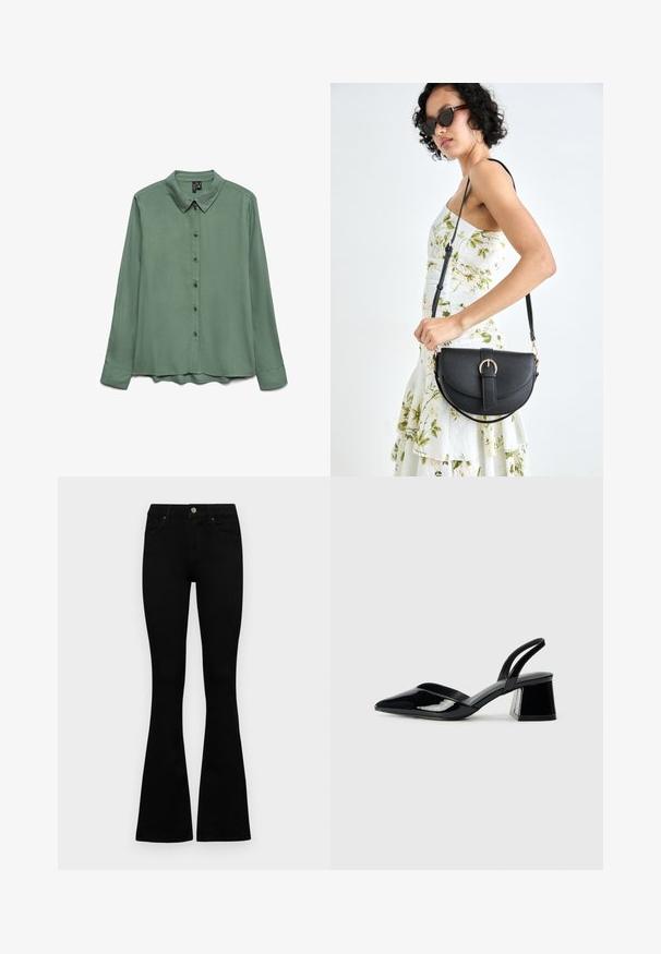 Long-sleeve shirt in sage green, made of smooth fabric. Features a pointed collar, button front, and a slightly curved hem.; Black high-waist jeans with a button and zip closure, front pockets, and flared legs laid flat on a white background.; Black patent leather slingback heels with a pointed toe and a geometric block heel. Features a sleek, minimal design and smooth texture.; Black leather handbag with a curved shape, detachable strap, and gold hardware. The bag features a flap with a buckle detail.