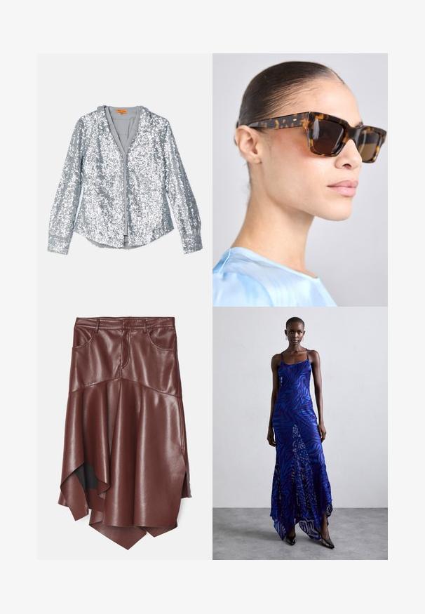 Strieborná flitrová bunda s dlhými rukávmi, gombíkovou prednou časťou a golierom. Mäkko podšité vnútro a elastické manžety s hladkou textúrou.; Hnedá sukňa z umelého semišu s rozšíreným, asymetrickým lemom, ktorý má dve predné vrecká a hladkú, lesklú textúru.; Maxi šaty s potlačou zvieracích vzorov v modrej a fialovej farbe, s tenkými ramienkami, priliehavým telom, rozšíreným lemom a priesvitnými detailmi.; Slnečné okuliare z korytnačieho shellu s robustným, obdĺžnikovým rámom. Tmavé šošovky a zlaté akcenty na stranoch. Hladký, lesklý povrch.; Biela textúrovaná kabelka na ruku s nariaseným dizajnom, s zlatým reťazovým popruhom. Hladký povrch s jemnými vlnkami a zaoblenými hranami.