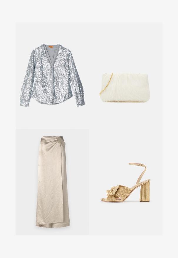 Srebrna kurtka z cekinami, z długimi rękawami, zapięciem na guziki i kołnierzem. Miękka podszewka i elastyczne mankiety o gładkiej fakturze.; Długa, beżowa spódnica wykonana z błyszczącego, teksturowanego materiału. Posiada fason na zawijanie z boczną kokardą i schludnym dołem.; Złote sandały na obcasie z wiązanym przodem, plisowanym wykończeniem i paskiem na kostkę. Obcas blokowy ma żebrowany wzór, co zwiększa przyczepność.; Biała torebka kopertowa o teksturowej powierzchni z marszczeniem, z złotym łańcuszkiem. Gładkie wykończenie z delikatnymi falami i zaokrąglonymi krawędziami.