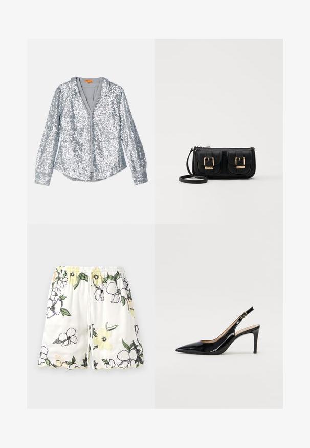 Giacca d'argento con paillettes, maniche lunghe, chiusura frontale con bottoni e colletto. Fodera interna morbida e polsini elasticizzati con una texture liscia.; Shorts bianchi con ricami floreali in giallo, viola e nero. Presentano una vita elasticizzata e orlo scalloppato. Chiusura con stringa.; Pumps slingback in pelle verniciata nera con punta affilata, tacco sottile e un design con ritagli delicati. Caratterizzate da una fibbia dorata sul cinturino.; Borsa a tracolla nera in pelle con due tasche frontali, fibbie dorate, chiusura con zip e una tracolla sottile. Superficie texturizzata e forma rettangolare compatta.