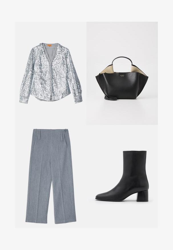 Stříbrná flitrová bunda s dlouhými rukávy, zapínáním na knoflíky a límcem. Měkká vnitřní podšívka a elastické manžety s hladkým povrchem.; Svetle šedé, široké kalhoty vyrobené z texturované tkaniny, s dvěma předními sklady a dvěma bočními kapsami. Čistý, upravený design.; Černé kožené kotníkové boty s špičatou špičkou a robustním čtvercovým podpatek. Hladká textura s bezšvovým designem a minimalistickým prošíváním.; Ree Projects ANN TOTE MINI - Kabelka - black