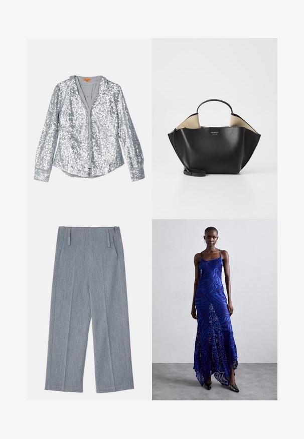 Stříbrná flitrová bunda s dlouhými rukávy, zapínáním na knoflíky a límcem. Měkká vnitřní podšívka a elastické manžety s hladkým povrchem.; Svetle šedé, široké kalhoty vyrobené z texturované tkaniny, s dvěma předními sklady a dvěma bočními kapsami. Čistý, upravený design.; Modré a fialové maxi šaty s potiskem zvířecí srsti, tenkými ramínky, přiléhavým živůtkem, rozšířeným spodním lemem a průhlednými detaily.; Ree Projects ANN TOTE MINI - Kabelka - black
