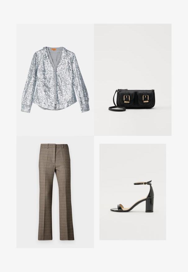 Silberner Paillettenjacke mit langen Ärmeln, durchgeknöpftem Vorderteil und Kragen. Weiche Innenfutter und elastische Bündchen mit glatter Textur.; Braune karierte Hose mit geradem Bein, die aus einem strukturierten Stoff gefertigt ist und dezente Farbtöne von Beige und dunkleren Brauntönen im Muster aufweist.; Schwarze Lackleder-Sandalette mit weitem Absatz, offener Zehenpartie und Knöchelriemen mit goldener Schnalle. Glatte Textur und elegantes Design.; Schwarze Leder-Umhängetasche mit zwei vorderen Taschen, goldenen Schnallen, Reißverschluss und einem schmalen Tragegurt. Texturierte Oberfläche und kompakte rechteckige Form.