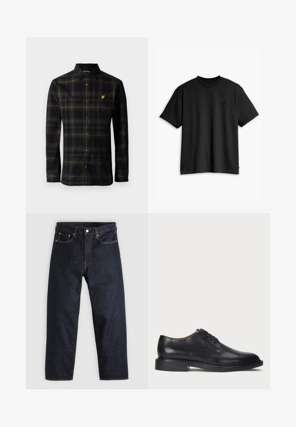 Camisa preta de manga longa com botão, padrão xadrez amarelo e cinza, colarinho e pequeno logótipo de pássaro amarelo bordado no peito.; T-shirt preto de algodão com decote redondo e mangas curtas. Apresenta um logo discreto na parte da frente e uma barra reta. Design simples e minimalista.; Jeans de denim azul-escuro com corte reto, cinco bolsos, costura laranja em contraste e fecho de botão. Sem padrões ou adornos visíveis.; Sapato de vestido em couro preto com bico redondo, design com atacadores e um salto baixo empilhado. Textura suave com detalhes de costura mínimos.