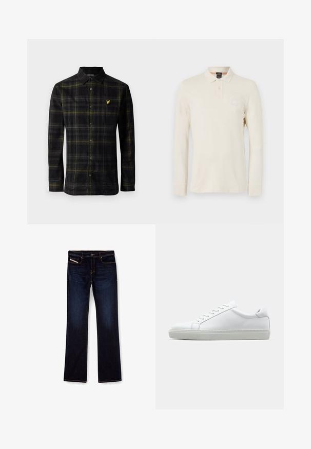 Camisa preta de manga longa com botão, padrão xadrez amarelo e cinza, colarinho e pequeno logótipo de pássaro amarelo bordado no peito.; Camisa polo de mangas longas em bege claro, feita de um tecido suave, com colarinho polo, pala de botão de dois e um pequeno logotipo no peito.; Jeans de denim azul escuro com corte reto, apresentando costuras laranjas, fecho zip e bolsos frontais. Textura suave e cintura padrão.; Sapatilha branca com um cabedal em couro liso e de perfil baixo. Apresenta um bico redondo, seis ilhoses e uma sola de borracha texturizada.