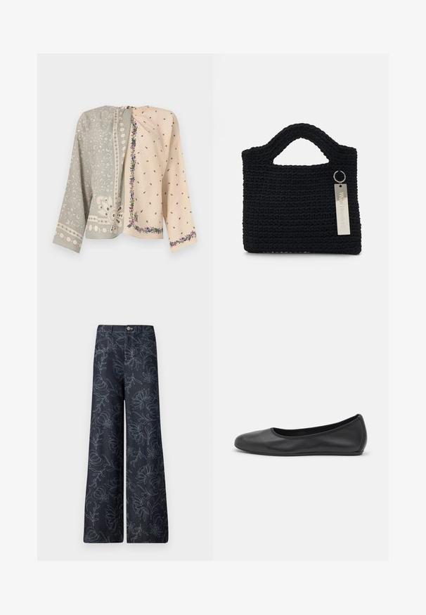 Dwustronna kurtka: z jednej strony szara z wyszywanymi kwiatami i koralikami, z drugiej kremowa z małymi kwiatowymi wzorami i lamówką.; Ciemnoniebieskie spodnie typu wide-leg z haftowanym kwiecistym wzorem w jasnoniebieskim kolorze. Klasyczny pięciokieszeniowy fason z zapięciem na guzik z przodu.; Czarne skórzane baletki z zaokrąglonym noskiem, gładką fakturą, minimalnymi przeszyciami i elastycznym designem podeszwy.; Won Hundred MARSIELLE UNISEX czarny