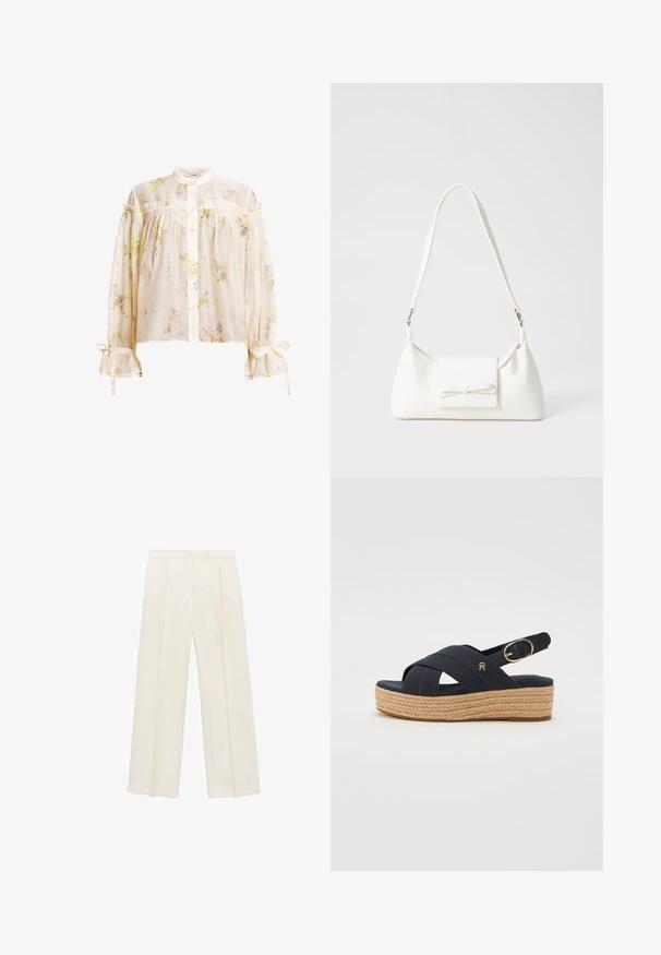 Lagana kremasta bluza s cvjetnim uzorkom, visokim ovratnikom, prednjim kopčanjem na gumbe, otvorenim ramenima i volanima na rukavima i ovratniku.; Hlače širokog kroja u svijetloj krem boji. Izrađene su od glatkog materijala s plisama sprijeda i bočnim džepovima.; Tamno plave kanvas espadrile s prepletenim trakama, tkanim jutenim platformom i metalnim kopčanjem. Ravna gumena potplat.; Bijela sintetička torbica s trokutastim oblikom, ravnim prednjim poklopcem i detaljem u obliku mašne, podesivom remenom, glatkom teksturom i minimalističkim dizajnom.