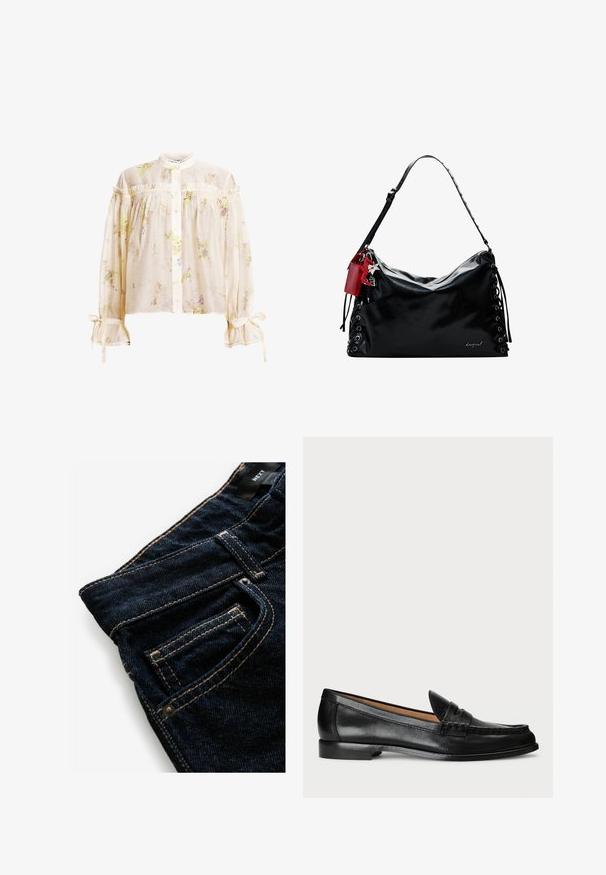 Kevyt, kermaisen värinen pusero kukkakuosilla, korkealla kauluksella, napitettu edestä, olkapäät paljastava malli ja röyhelökoristelut hihoissa ja kauluksessa.; Tummansinisiä farkkuja, joissa on erottuva oranssi tikkaus, etutasku, niittityyli ja sileä pinta.; Lauren Ralph Lauren WYNNIE - Loaferit/pistokkaat - black; Mustakäsineinen käsilaukku, jossa on löysä muotoilu, nauhoitusyksityiskohtia sivuilla ja punainen korostustagi. Varustettu pitkällä säädettävällä hihnalla.