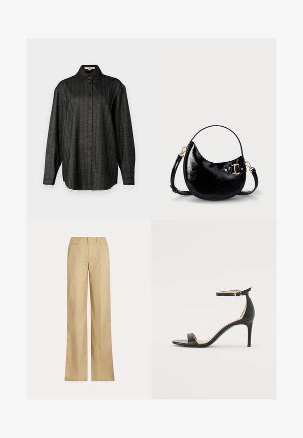 Juodos ir pilkos juostelės marškiniai su ilgomis rankovėmis, mygtukais per visą ilgį ir klasikinis apykaklė. Pagaminti iš tekstūruotos medžiagos, su atsipalaidavusiu siluetu.; Kreminės spalvos plačios kojos kelnės, pagamintos iš lygaus medvilnės, su klasikiniu juosmeniu ir užpakaline kišenėle, tiesiu kirpimu ir minimaliu dekoru.; Juodos oda aukštakulniai sandalai su kulkšnies dirželiu. Pasižymi lygiu paviršiumi, atviru pirštu ir plonu kulnu. Auksinės spalvos sagties detalė.; Juodas patentuotas odinis rankinukas su išlenkta forma, reguliuojamu diržu ir auksinių tonų detale šone. Lygus, blizgus paviršius.