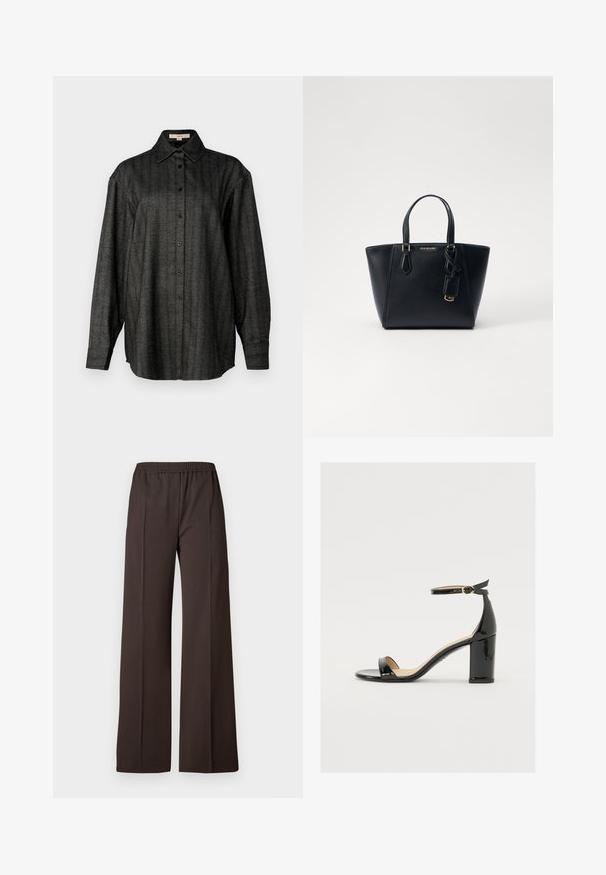 Black and gray striped shirt with long sleeves, button-down front, and a classic collar. Made from textured fabric with a relaxed fit.; Wide-leg trousers in dark brown fabric with an elastic waistband, featuring a smooth texture and clean lines for a tailored look.; Black patent leather sandal with a wide heel, open toe, and ankle strap featuring a gold buckle. Smooth texture and sleek design.; Black leather handbag with a structured shape, short dual handles, gold-tone hardware, and a side tag accessory. Smooth, textured finish.