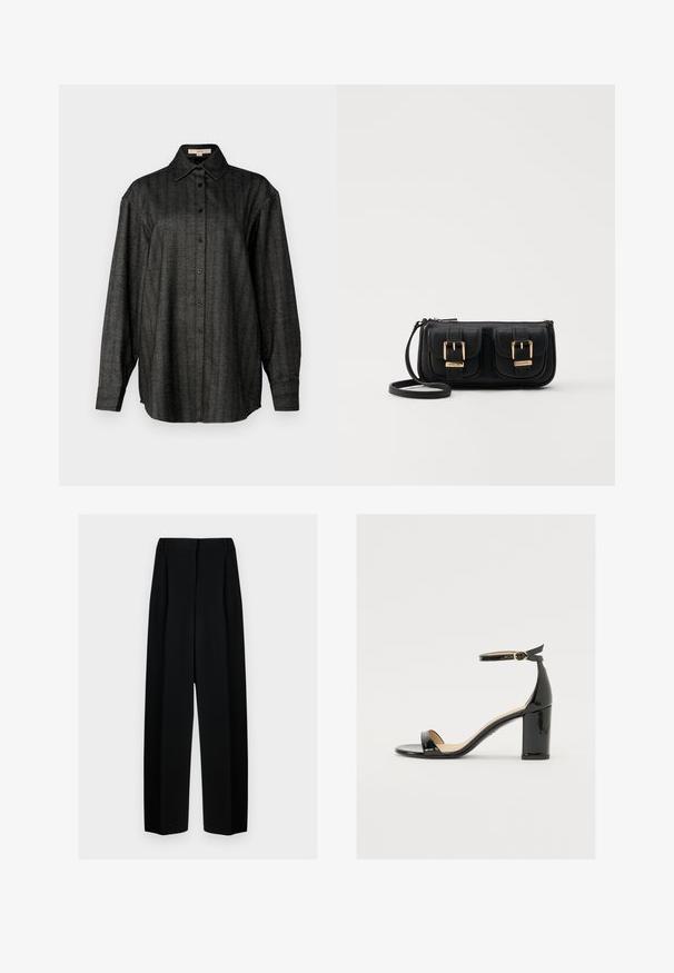 Zwart en grijs gestreept shirt met lange mouwen, knoopsluiting aan de voorkant en een klassieke kraag. Gemaakt van textuurstof met een ontspannen pasvorm.; Zwarte wijde broek met een hoge taille, met plooien en een gladde textuur. De stof lijkt lichtgewicht en valt elegant.; Zwarte lakleren sandaal met een brede hak, open teen en enkelbandje met een gouden gesp. Zachte textuur en strak ontwerp.; Zwarte leren schoudertas met twee vo pockets, gouden gespen, ritsluiting en een smalle band. Tekstuur oppervlak en compacte rechthoekige vorm.