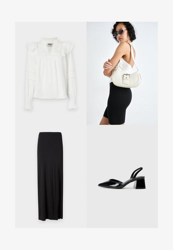 White long-sleeve blouse with frilled shoulders, a notch neckline, and decorative lace detailing on the sleeves. Soft, lightweight fabric.; Black maxi skirt made of soft, stretchy material. Features a side slit and a simple, streamlined design with no embellishments.; Black patent leather slingback heels with a pointed toe and a geometric block heel. Features a sleek, minimal design and smooth texture.; White leather handbag with a curved shape, adjustable strap, and a small buckle detail. Model wears a fitted black outfit.