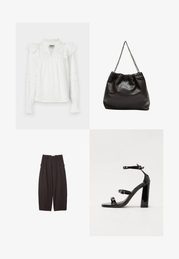 White long-sleeve blouse with frilled shoulders, a notch neckline, and decorative lace detailing on the sleeves. Soft, lightweight fabric.; Black wide-leg trousers made from a smooth fabric, featuring a high waist, front pleats, and side pockets. Simple design without embellishments.; Black patent heeled sandals with a square toe, ankle straps, and silver buckles. Features a chunky block heel for stability.; Brown leather bag with a gathered top and a chain strap. Smooth texture with a glossy finish and subtle seam detailing on the sides.