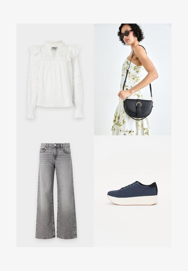 White long-sleeve blouse with frilled shoulders, a notch neckline, and decorative lace detailing on the sleeves. Soft, lightweight fabric.; Wide-leg jeans made of grey denim with a faded finish. Features classic pockets and a button closure at the waist.; Navy blue sneaker with a textured fabric upper, white platform sole, rounded toe, and black heel accent. Features six eyelets for laces.; Black leather handbag with a curved shape, detachable strap, and gold hardware. The bag features a flap with a buckle detail.