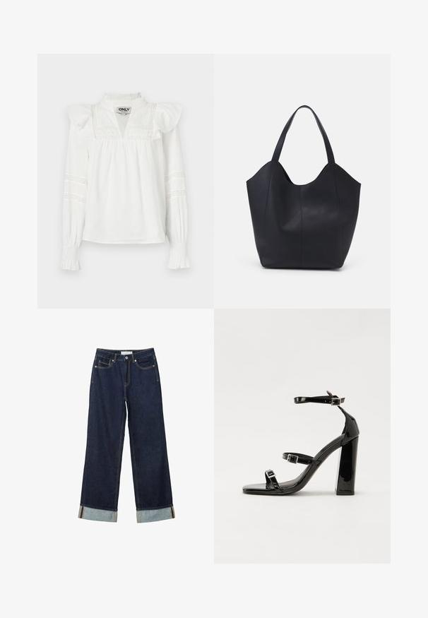 Biała bluzka z długim rękawem, z falbanami na ramionach, dekoltem w kształcie litery V oraz dekoracyjną koronką na rękawach. Miękki, lekki materiał.; Ciemnoniebieskie dżinsy o szerokich nogawkach i wysokim stanie, z podwiniętymi mankietami, kontrastowym przeszyciem i pięcioma kieszeniami. Wykonane z materiału dżinsowego.; Czarne lakierowane sandały na obcasie z kwadratowym noskiem, z paskami wokół kostki i srebrnymi klamrami. Posiadają masywny słupek dla stabilności.; Czarna torba na ramię wykonana z gładkiej skóry, z zaokrąglonym, otwartym topem i dwoma paskami na ramię oraz minimalistycznym designem.