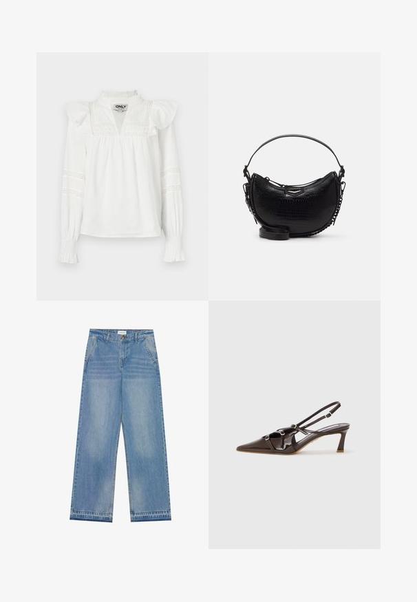Fehér, hosszú ujjú blúz fodros válltörrrel, V-nyakkivágással és dekoratív csipke díszítéssel az ujjakon. Puha, könnyű anyag.; Világoskék, magas derekú, bő szabású farmernadrág gombos záródással, elülső zsebekkel, övhurkokkal és finom kopott részletekkel.; Barna lakkbőr slingback sarok, hegyes orral, állítható pántokkal és díszes csatokkal az elején. 7,5 cm sarokmagasság.; Fekete krokodilbőr hatású kézitáska ívelt formával, levehető vállpánttal és egy elegáns fém díszítéssel az elején.