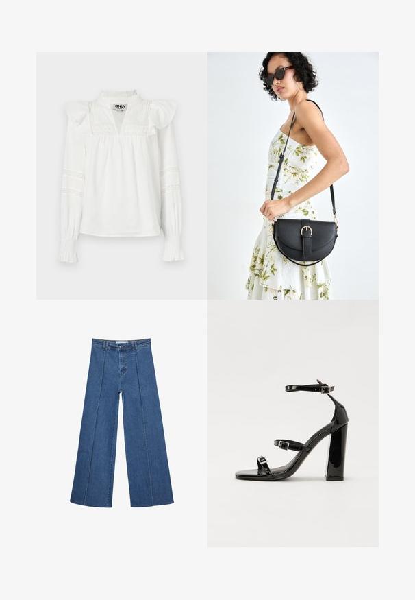 Blouse blanche à manches longues avec épaules froncées, décolleté en V, et détails en dentelle décorative sur les manches. Tissu doux et léger.; Jeans en denim à jambes larges de couleur bleu moyen, présentant une taille haute, une fermeture à bouton et des détails de couture verticaux contrastants à l'avant.; Sandales à talons vernies noires avec un bout carré, des sangles autour de la cheville et des boucles en argent. Dotées d'un talon bloc épais pour plus de stabilité.; Sac à main en cuir noir avec une forme courbée, bandoulière amovible et des accessoires en or. Le sac est doté d'un rabat avec un détail de boucle.
