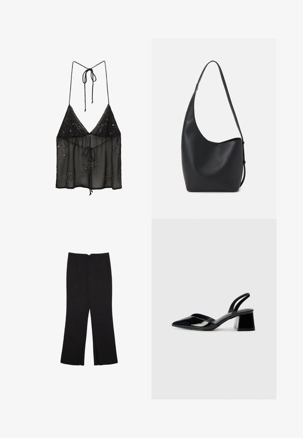 Camisola nera trasparente con spalline sottili, decorata con applicazioni di perline floreali e chiusura a fiocco frontale. Tessuto leggero e strutturato.; Pantaloni neri a gamba dritta, con tasche frontali e spacchi laterali all'orlo. Realizzati in tessuto morbido e liscio. Adatti a diverse occasioni.; Décolleté in vernice nera con punta affusolata e tacco in geometria cubica. Presentano un design elegante e minimalista, con una texture liscia.; Borsa hobo nera in pelle con una superficie liscia, forma curvata e una singola tracolla regolabile; presenta un'ampia apertura nella parte superiore.