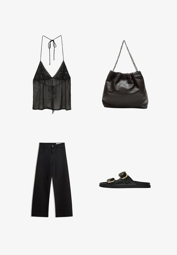 Camisola nera trasparente con spalline sottili, decorata con applicazioni di perline floreali e chiusura a fiocco frontale. Tessuto leggero e strutturato.; Pantaloni in denim neri a gamba larga con vita alta, dotati di tasche anteriori e posteriori, cuciture a punto, e chiusura con bottone. Texture liscia.; Infradito neri con due accenti di fibbia dorata, materiale dalla texture liscia, suola piatta e design minimalista.; Borsa in pelle marrone con parte superiore arricciata e tracolla a catena. Texture liscia con finitura lucida e dettagli di cucitura sottili sui lati.
