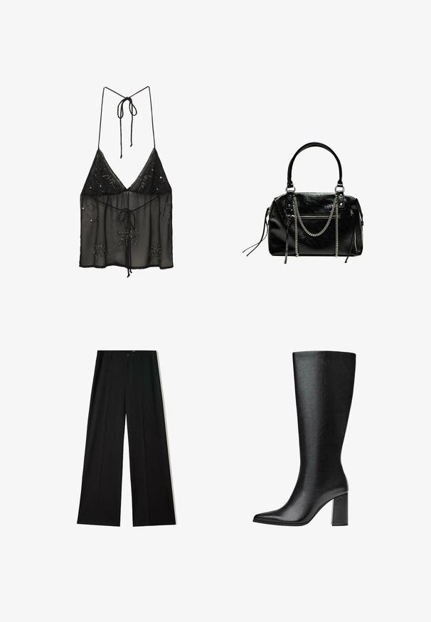 Čierna priesvitná tílko s ramienkami, s kvetinovou korálkovou výšivkou a predným viazaním. Ľahká a štruktúrovaná látka.; Čierne, široké nohavice s hladkou textúrou, s prednými skladmi a zapínaním na gombík. Navrhnuté pre pohodlný strih a formálny vzhľad.; Čierne vysoké čižmy po kolená vyrobené z umelej kože, s špicatou špičkou, hladkým povrchom a robustným blokovým podpätkom. Minimalistický design bez viditeľných akcentov.; Bershka WITH CHAIN - Kabelka - black