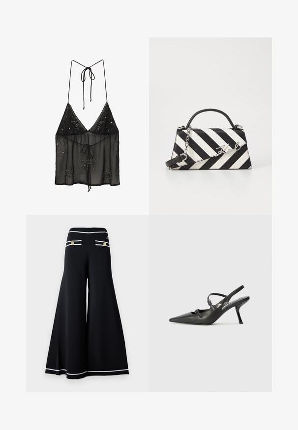 Camisola neagră transparentă cu bretele subțiri, având accente de mărgele florale și o închidere cu legătură în față. Material ușor și texturat.; Pantaloni largi negri, cu accente albe, având detalii cu nasturi aurii pe buzunarele din spate și un finisaj de țesătură netedă și texturată.; Pantofi cu toc slingback din piele neagră, cu vârful ascuțit, toc subțire și detaliu decorativ cu cataramă pe partea din față. Textură netedă și design elegant.; Geantă cu dungi alb-negru, cu o formă structurată, având un mâner superior, o curea din lanț detașabilă și un accent metalic cu logo.
