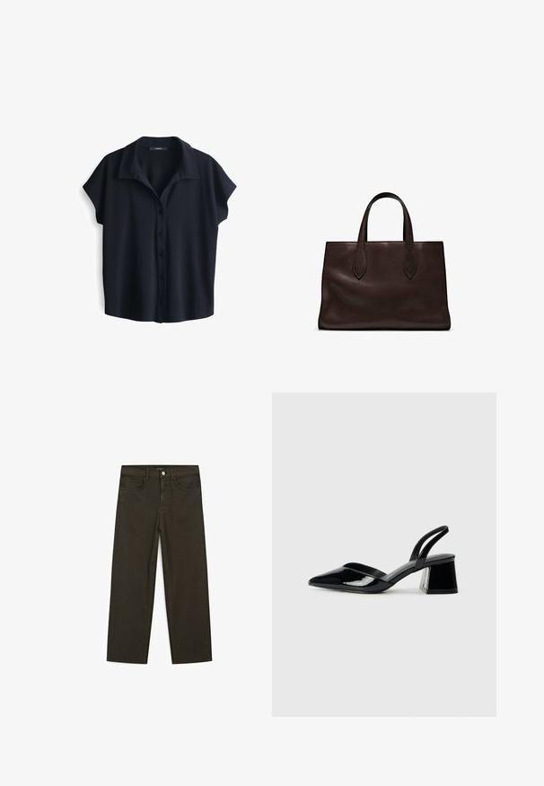 Blusa blu navy a maniche corte, con chiusura a bottoni sul davanti, in tessuto morbido, vestibilità comoda, con un colletto grande e una leggera texture.; Jeans a gamba larga di colore verde scuro, realizzati in tessuto misto cotone, dotati di chiusura con bottone frontale, cinque tasche e cuciture classiche in denim.; Décolleté in vernice nera con punta affusolata e tacco in geometria cubica. Presentano un design elegante e minimalista, con una texture liscia.; Borsa a spalla in pelle marrone con due manici lunghi, forma rettangolare strutturata, texture liscia e dettagli di cucitura sottili.