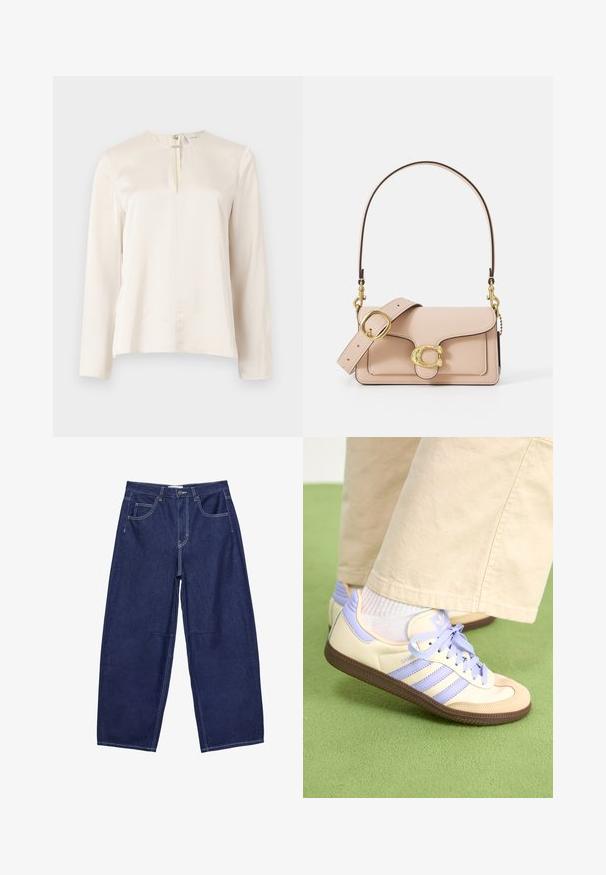 Krämfärgad blus med långa ärmar och rund halsringning, framtida veckdetalj och dold dragkedjestängning bak. Slät silkaktig textur.; Mörkblå denimbyxor med vida ben och hög midja, fem fickor och kontrasterande vita sömmar. Slät textur, klassisk design.; Krämfärgade och lavendelfärgade sneakers med tre ränder och en texturerad brun sula, med snören och en vadderad häl. Mjuk tygobero.; Ljusrosa läderhandväska med ett böjt lock, guldfärgad detaljering och en avtagbar rem med kedjeaccent. Slät yta och precisionstygning.